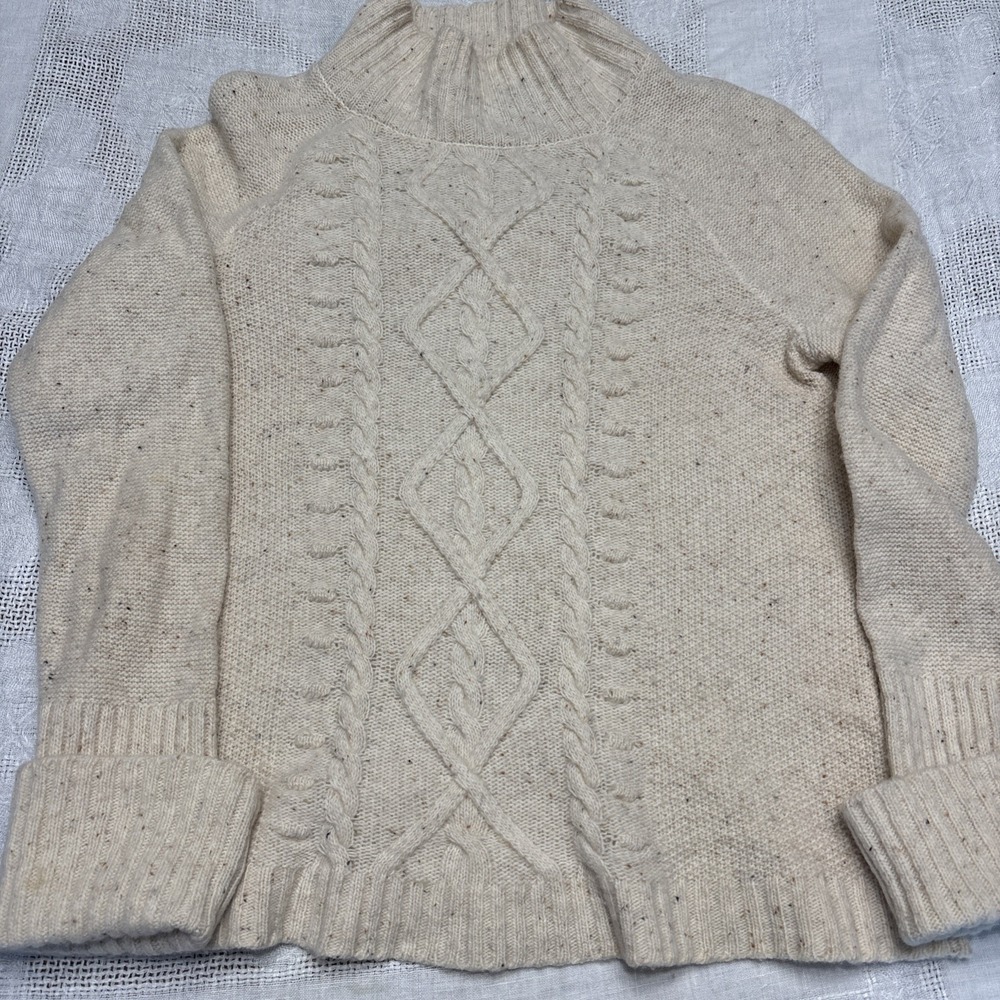 Lord & Taylor Beige Wool Nylon Aran Fisherman Mock Pullover Sweater Medium‎